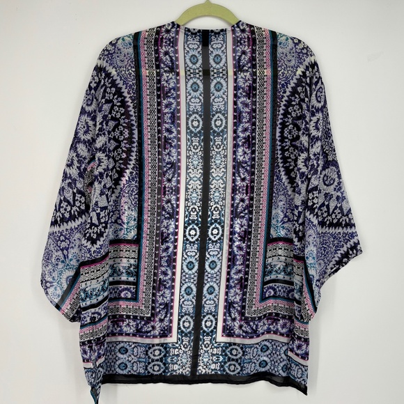 Express Womens Small Open Front Short Kimono Topper Pink Blue Geometric Floral - Picture 5 of 7